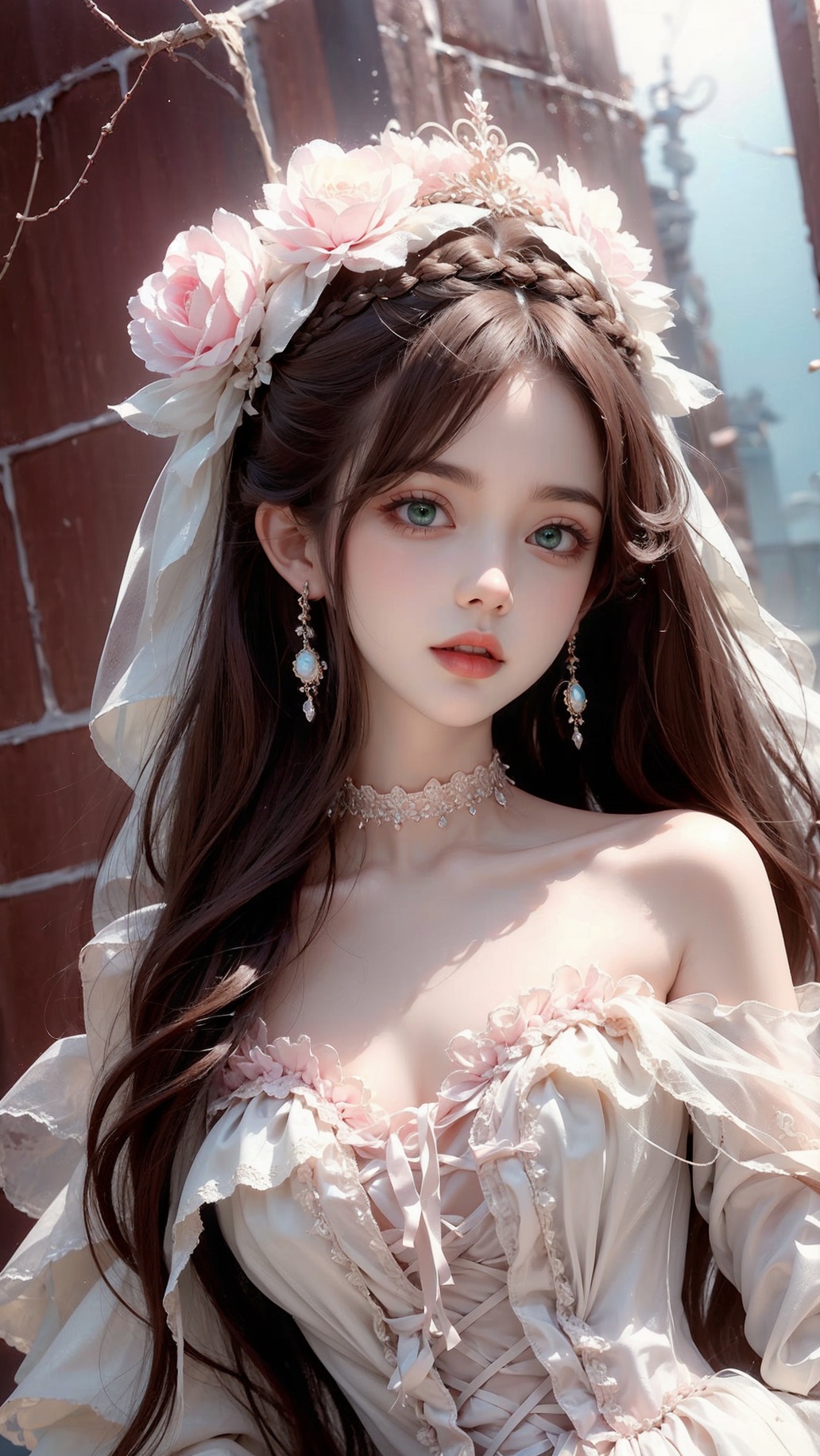 Masterpiece, Ultimate, (A girl was bound with white cloth:1.5),  silk, cocoon, spider web, Solo, Complex Details, Color Differences, Realistic, (Moderate Breath), Off Shoulder, Eightfold Goddess, Pink Long Hair, White Headwear,  Hair Above One Eye, Green Eyes, Earrings, Sharp Eyes, Perfect Fit, Choker, Dim Lights,cocoon,transparent,jiBeauty,1girl