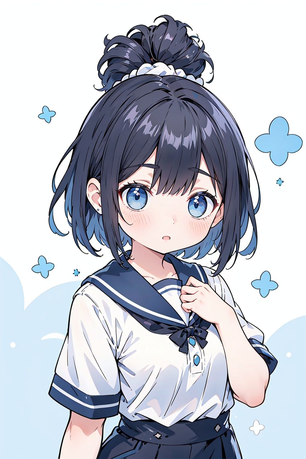 1girl, scrunchie, black hair, blue eyes, hair scrunchie, shirt, blush, short sleeves, white shirt, holding, solo, white background, hair ornament, bangs, parted lips, upper body