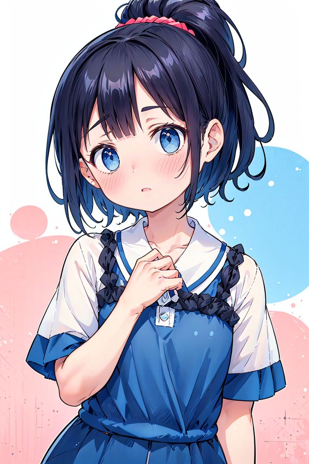1girl, scrunchie, black hair, blue eyes, hair scrunchie, shirt, blush, short sleeves, white shirt, holding, solo, white background, hair ornament, bangs, parted lips, upper body