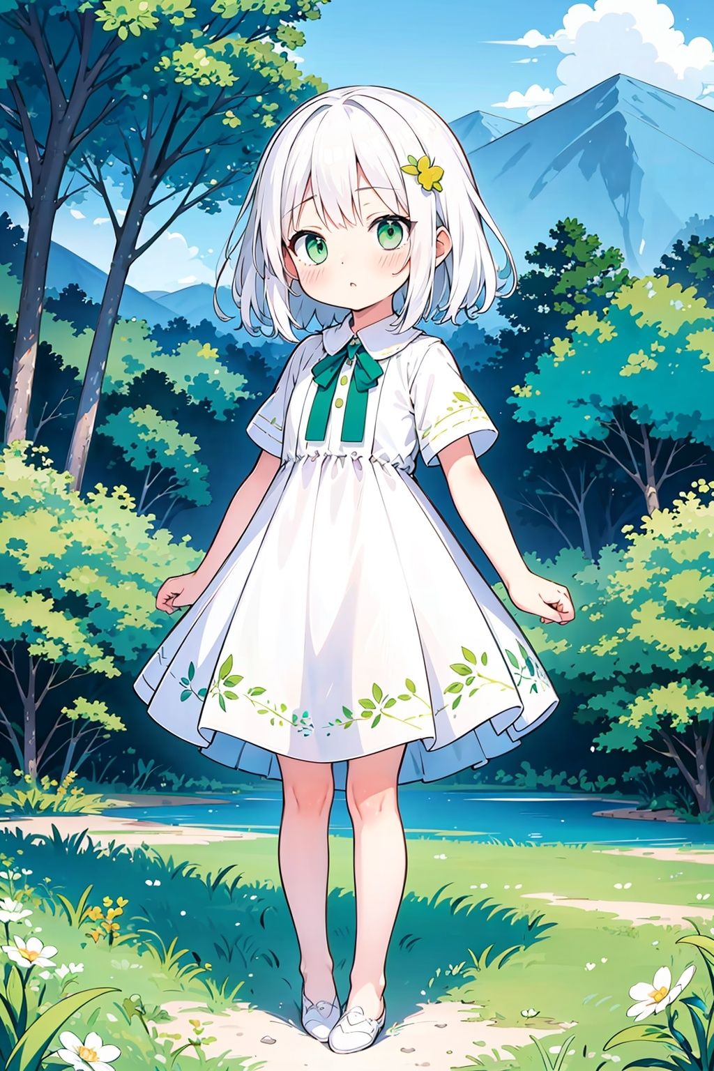 detailed illustration, kus****i,kid, white hair,white dress, green eyes,hair ornament, blush, full body, scenery, jungle ,32,高清, , 