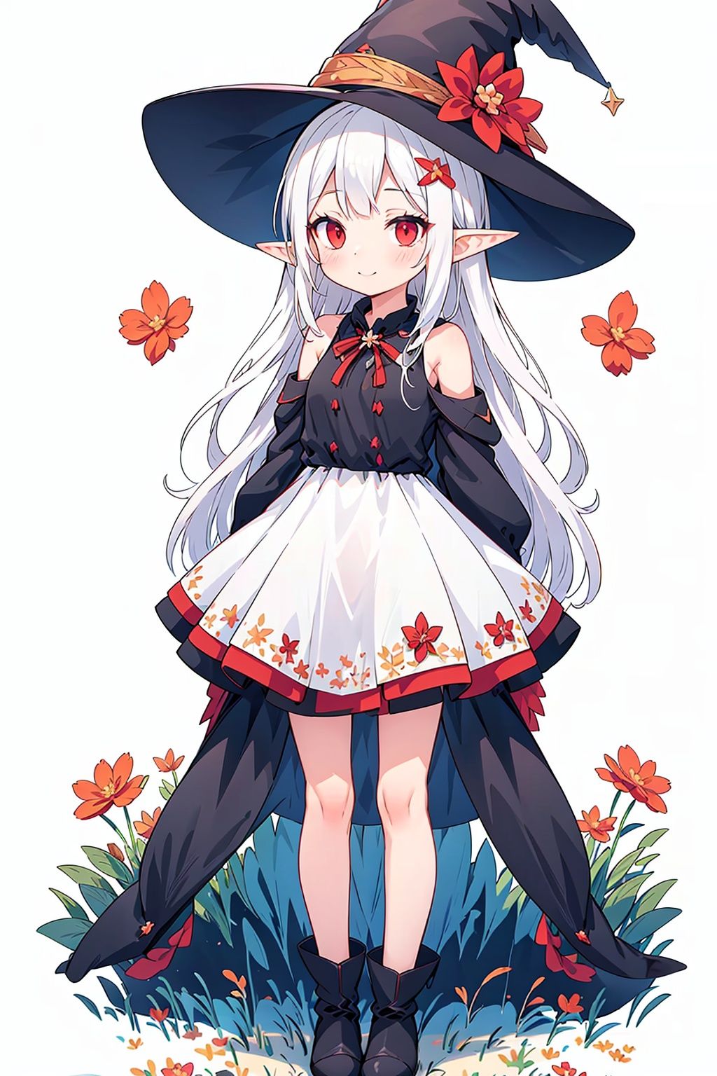 pointy ears, witch hat, 1girl, hat, flower, solo, elf, long hair, smile, red flower, arms behind back, black footwear, red eyes, very long hair, closed mouth, boots, bangs, hair ornament, floral print, skirt, sleeveless, full body, bare shoulders, white flower, black headwear, blush, orange flower, white background, standing