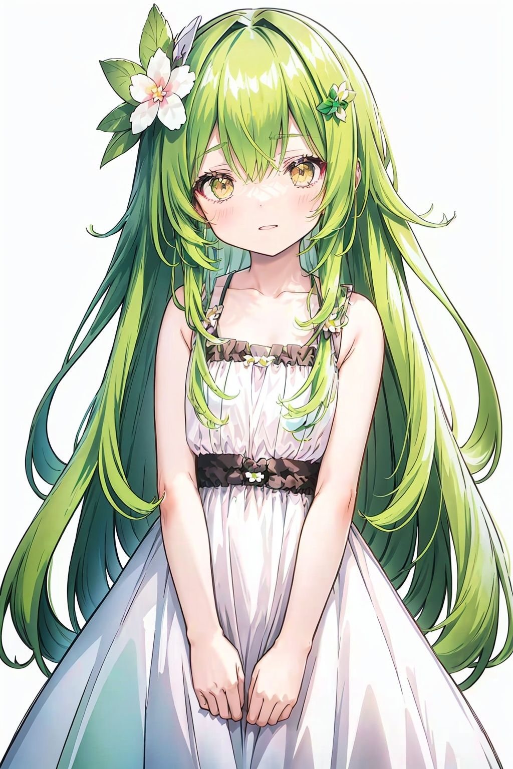 green hair, long hair, flower, 1girl, hair flower, hair ornament, solo, dress, simple background, white background, white dress, bare shoulders, bangs, collarbone, brown eyes, hair between eyes, looking at viewer, parted lips, pink flower, eyebrows visible through hair, bare arms