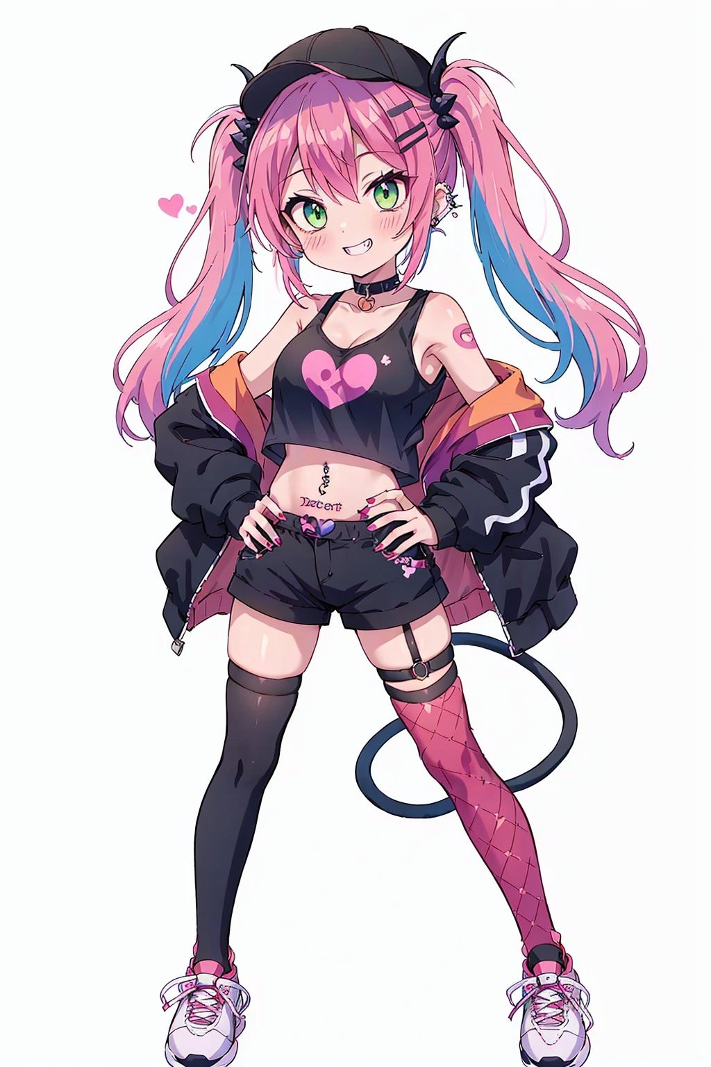 demon tail, tail, heart, tokoyami towa, hat, virtual youtuber, twintails, 1girl, green eyes, horns, shorts, thighhighs, smile, piercing, hair ornament, shoes, pink hair, heart tattoo, hand on hip, navel piercing, multicolored hair, simple background, jacket, white background, grin, demon horns, sneakers, demon girl, navel, cat tail, long hair, heart tail, looking at viewer, breasts, hairclip, nail polish, pink nails, tail ornament, midriff, sleeveless shirt, earrings