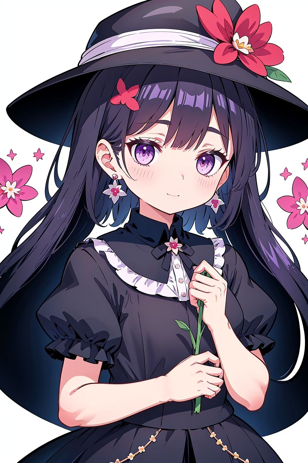 flower, earrings, 1girl, jewelry, hat, solo, black headwear, puffy sleeves, lily \(flower\), purple eyes, puffy short sleeves, short sleeves, red flower, white flower, bouquet, tulip, white background, holding, hair ornament, eyebrows visible through hair, bangs