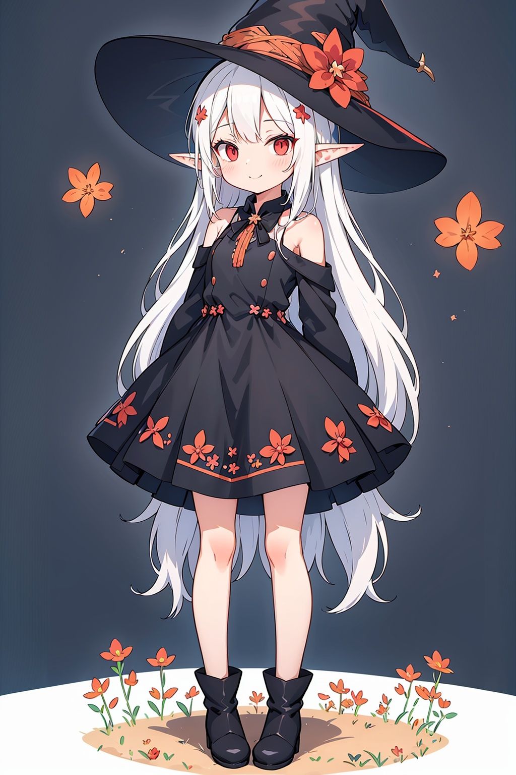 pointy ears, witch hat, 1girl, hat, flower, solo, elf, long hair, smile, red flower, arms behind back, black footwear, red eyes, very long hair, closed mouth, boots, bangs, hair ornament, floral print, skirt, sleeveless, full body, bare shoulders, white flower, black headwear, blush, orange flower, white background, standing