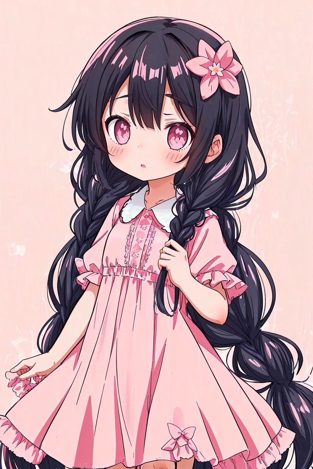 1girl, flower, hair flower, solo, hair ornament, very long hair, dress, long hair, pink flower, braid, pink dress, blush, eyebrows visible through hair, parted lips, twin braids, bangs