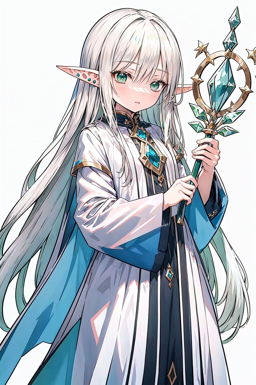 pointy ears, elf, long hair, solo, dress, long sleeves, 1girl, white background, green eyes, looking at viewer, very long hair, holding, bangs, parted lips, simple background, jewelry