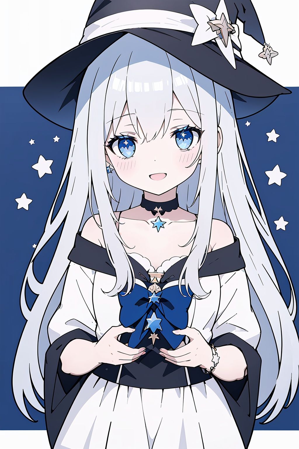 saint quartz \(fate\), star \(symbol\), star choker, star earrings, star hair ornament, star hat ornament, star necklace, star pasties, star print, starfish, starry background, witch hat, hat, 1girl, hexagram, star in eye, long hair, wand, choker, pentagram, cross, hat bow, hat ornament, bracelet, latin cross, seashell, blue eyes, crescent, jewelry, american flag, witch, solo, shell, star of david, open mouth, cross choker, print headwear, smile, black headwear, shirt, star-shaped pupils, holding wand, black choker, white shirt, bangs, mona \(genshin impact\), eyebrows visible through hair, symbol in eye, collarbone