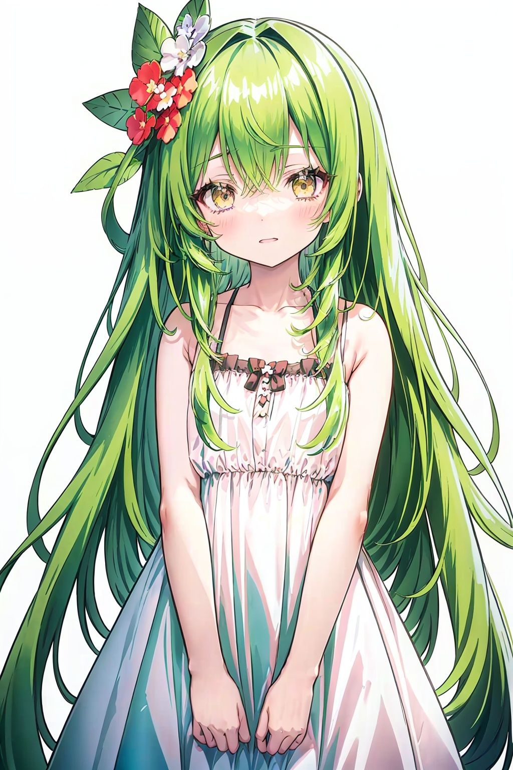 green hair, long hair, flower, 1girl, hair flower, hair ornament, solo, dress, simple background, white background, white dress, bare shoulders, bangs, collarbone, brown eyes, hair between eyes, looking at viewer, parted lips, pink flower, eyebrows visible through hair, bare arms