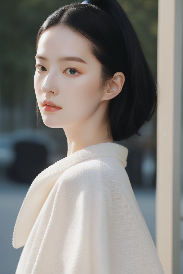 1girl,black_hair,Balenciaga model,looking at viewer,pale skin,blurry_background,realistic,solo,upper_body,,