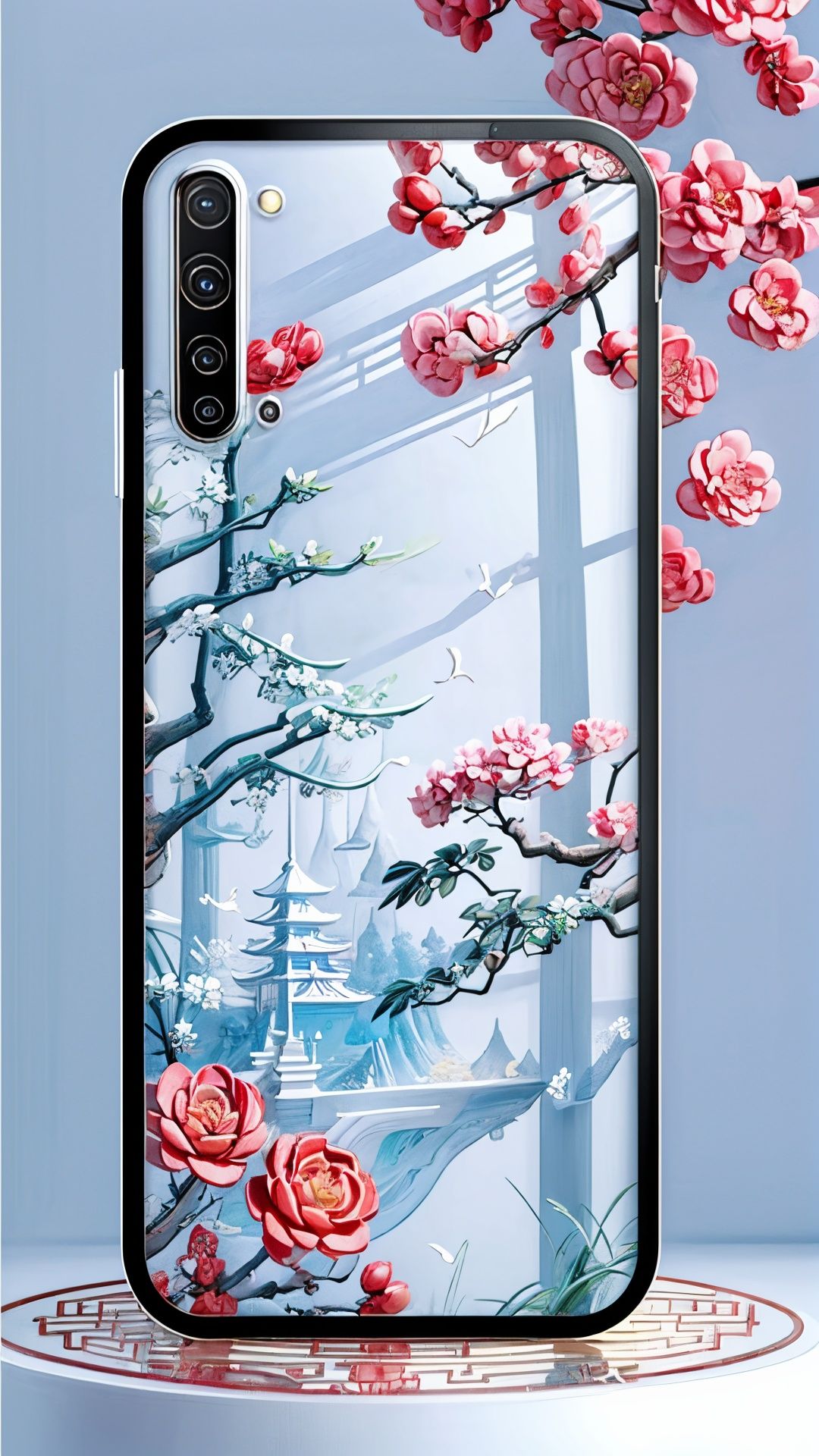 (White b backgroun:1.4), Phone case,(The surface depicts Chinese architecture:1.4),Chinese landscape painting