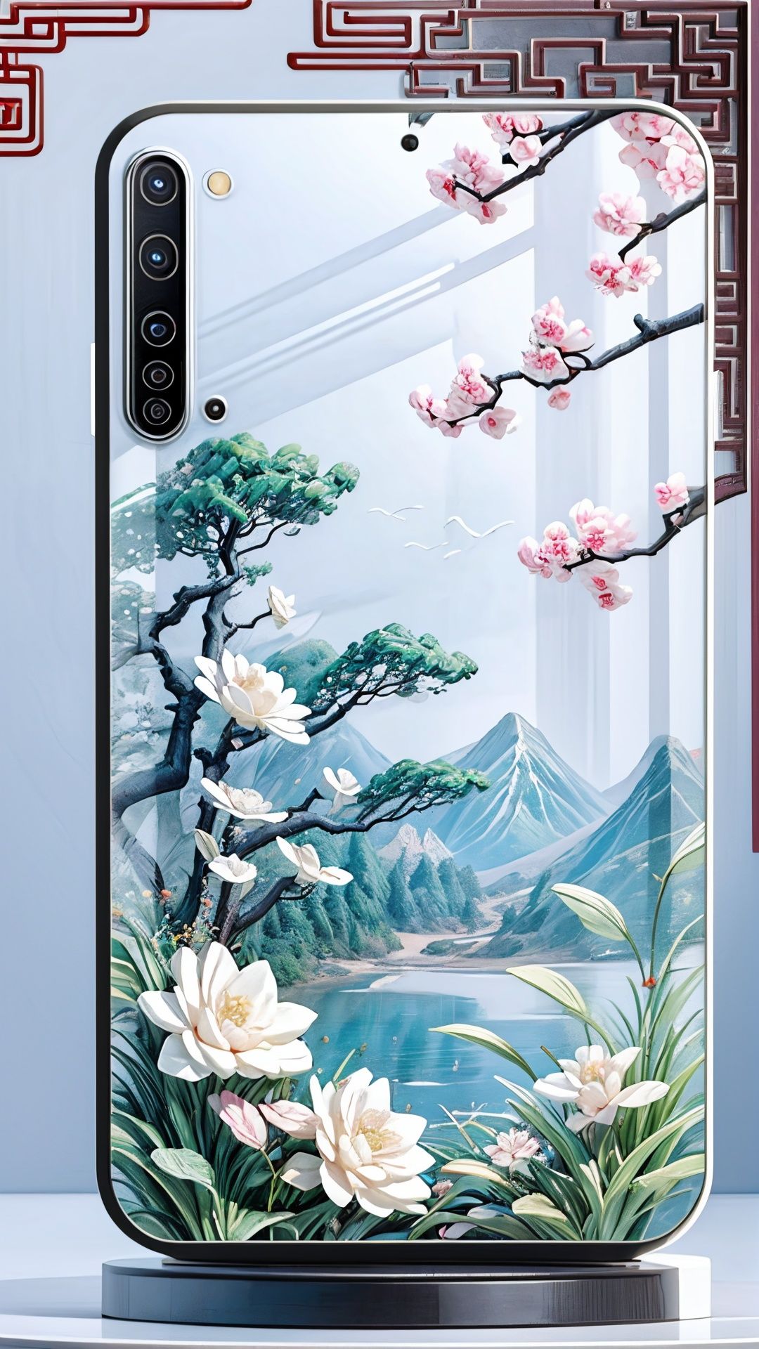 (White b backgroun:1.4), Phone case,(The surface depicts Chinese architecture:1.4),Chinese landscape painting