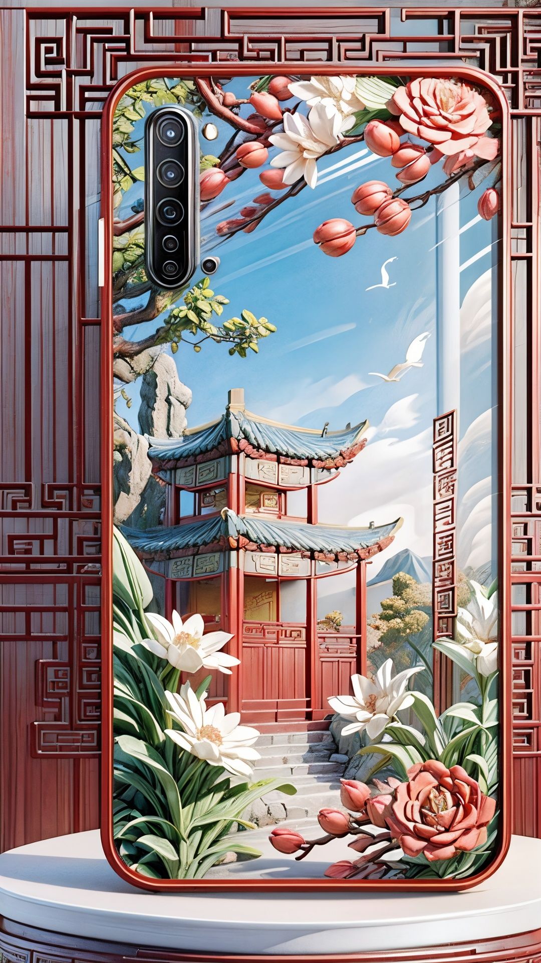 Phone case,(The surface depicts Chinese architecture:1.4),Chinese landscape painting