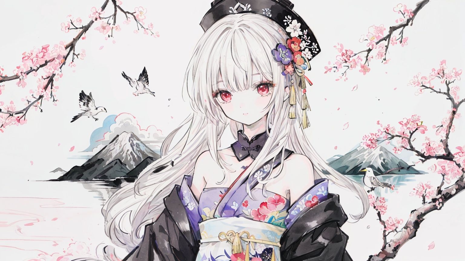 (masterpiece), (best quality),(illustration), ink ,black and white,ink and wash painting,black theme,black ink,1girl,solo,hanfu,(detailed white hair:1.4),red eyes,delicate beautiful face, bare shoulder,long hair,(plum blossoms),mountain,tree,forest,bird,cloud,ink style,colorful painting, ((chinese colorful ink)), (((Chinese color ink painting style))),((surrounded by color ink splashes)),((extremely detailed body)),((colorful))  ink style  <lora:Fink1:0.8>