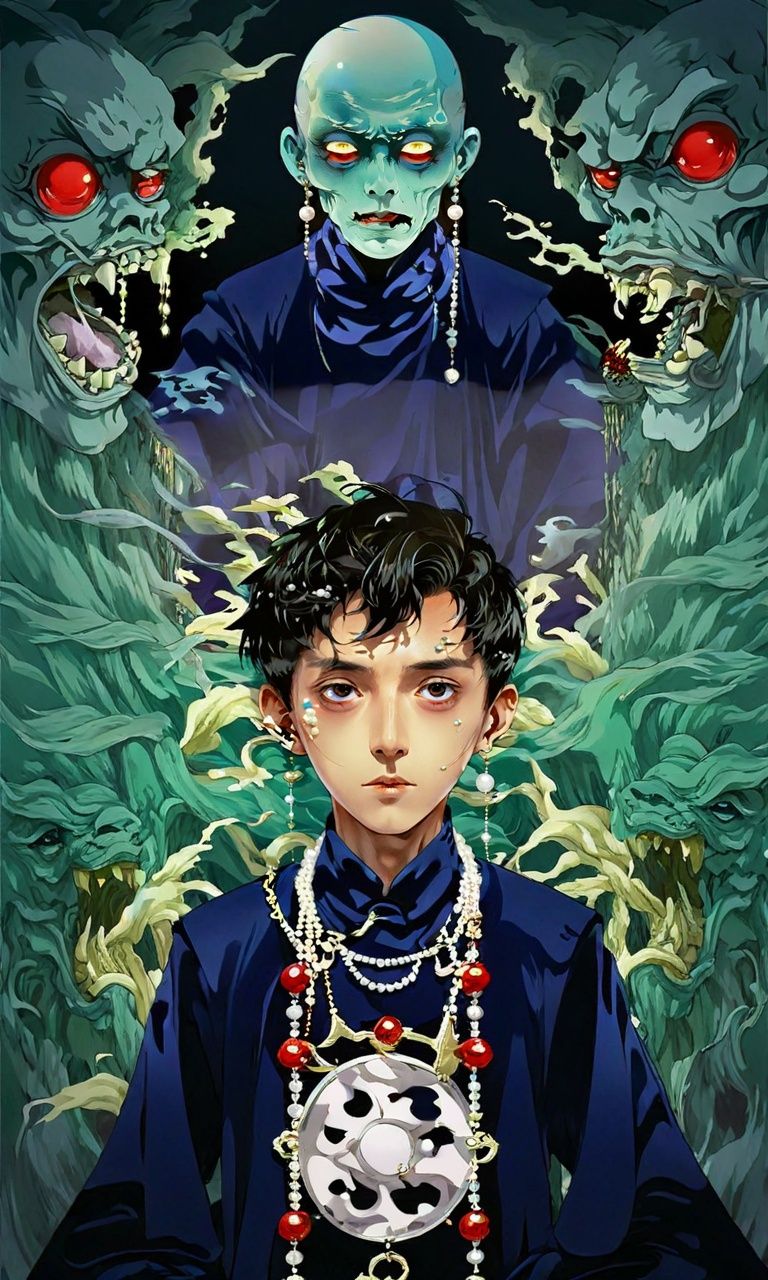 anime artwork guaidan,chinese zombie,jiangshi,chinese style,blue scarf and pearls on his neck,zombie costume,pearl necklace,<lora:guaidan:1>, . anime style, key visual, vibrant, studio anime,  highly detailed