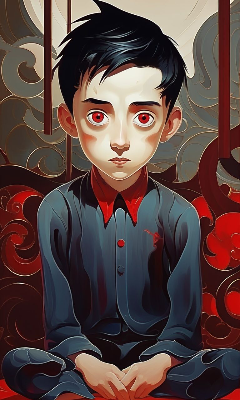 guaidan,black hair,1boy,sitting,male focus,red eyes,<lora:guaidan:1>,