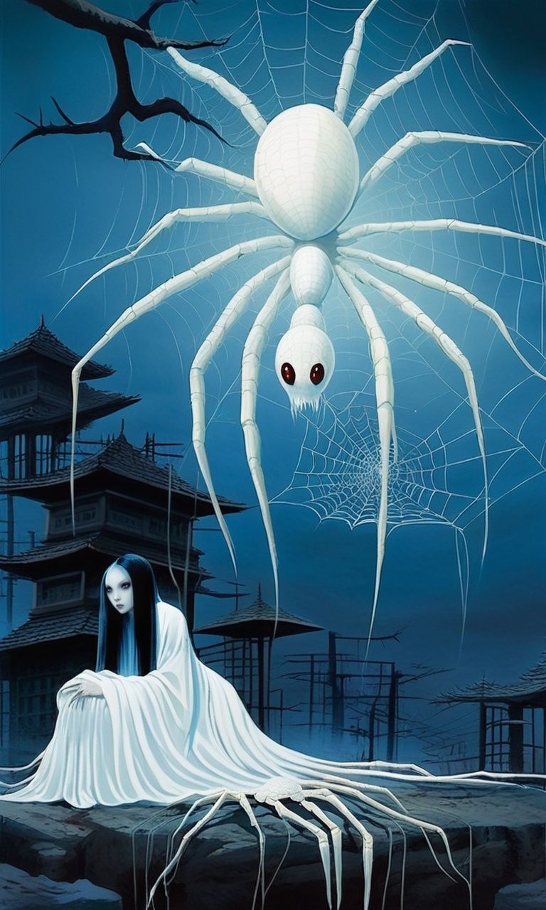 guaidan,1girl with lower body in spirder form,white spider body,monster girl, white fur 8legs,web,long hair,<lora:guaidan:1>,