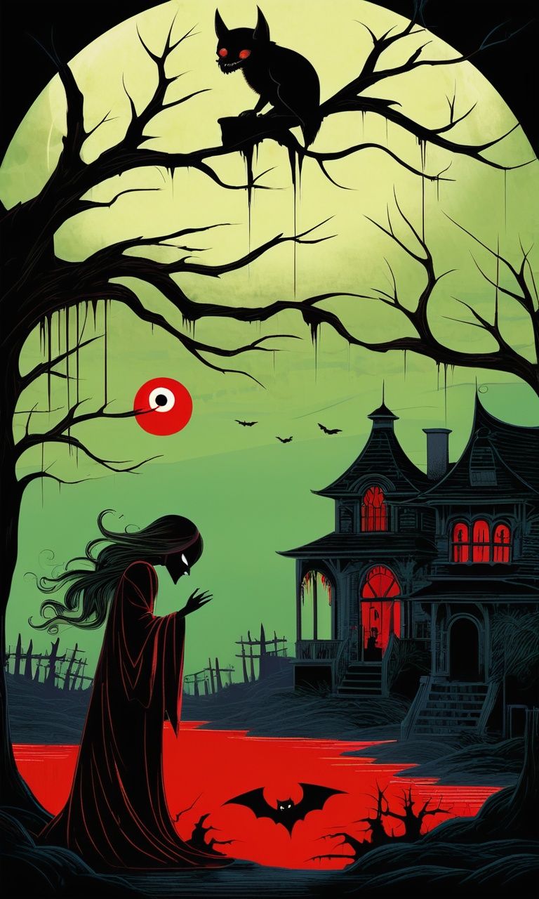 guaidan,1girl, tree, glowing eye, full red moon, vampire,  bat, monster, <lora:guaidan:1>,