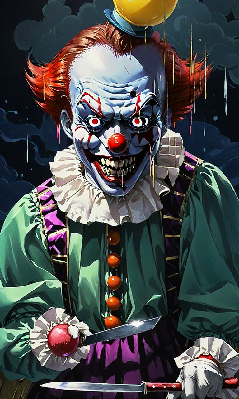 anime artwork guaidan,clown, knife, evil smile,<lora:guaidan:1>, . anime style, key visual, vibrant, studio anime,  highly detailed