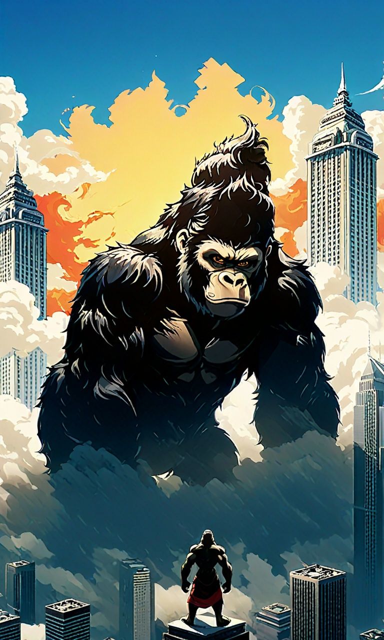 anime artwork guaidan,<lora:guaidan:1>,plane,gorilla king kong standing on the top of skyscraper,  . anime style, key visual, vibrant, studio anime,  highly detailed