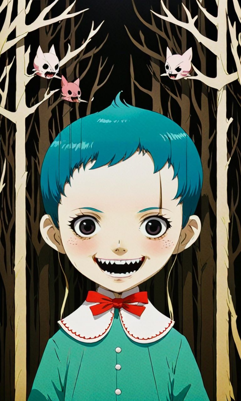 anime artwork guaidan,an eerie forest glen::2 reveals a close-up of a female paper doll with an eerie, surreal form::2. Her unsettling expression and eerie smile with pointed teeth::2 exude a sense of uncanny horror.,<lora:guaidan:1>, . anime style, key visual, vibrant, studio anime,  highly detailed