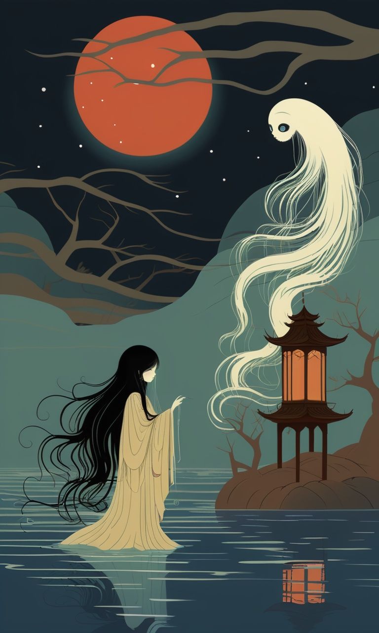 guaidan,1girl,long hair,black hair,moon,tree,night,water,very long hair,full moon,<lora:guaidan:1>,