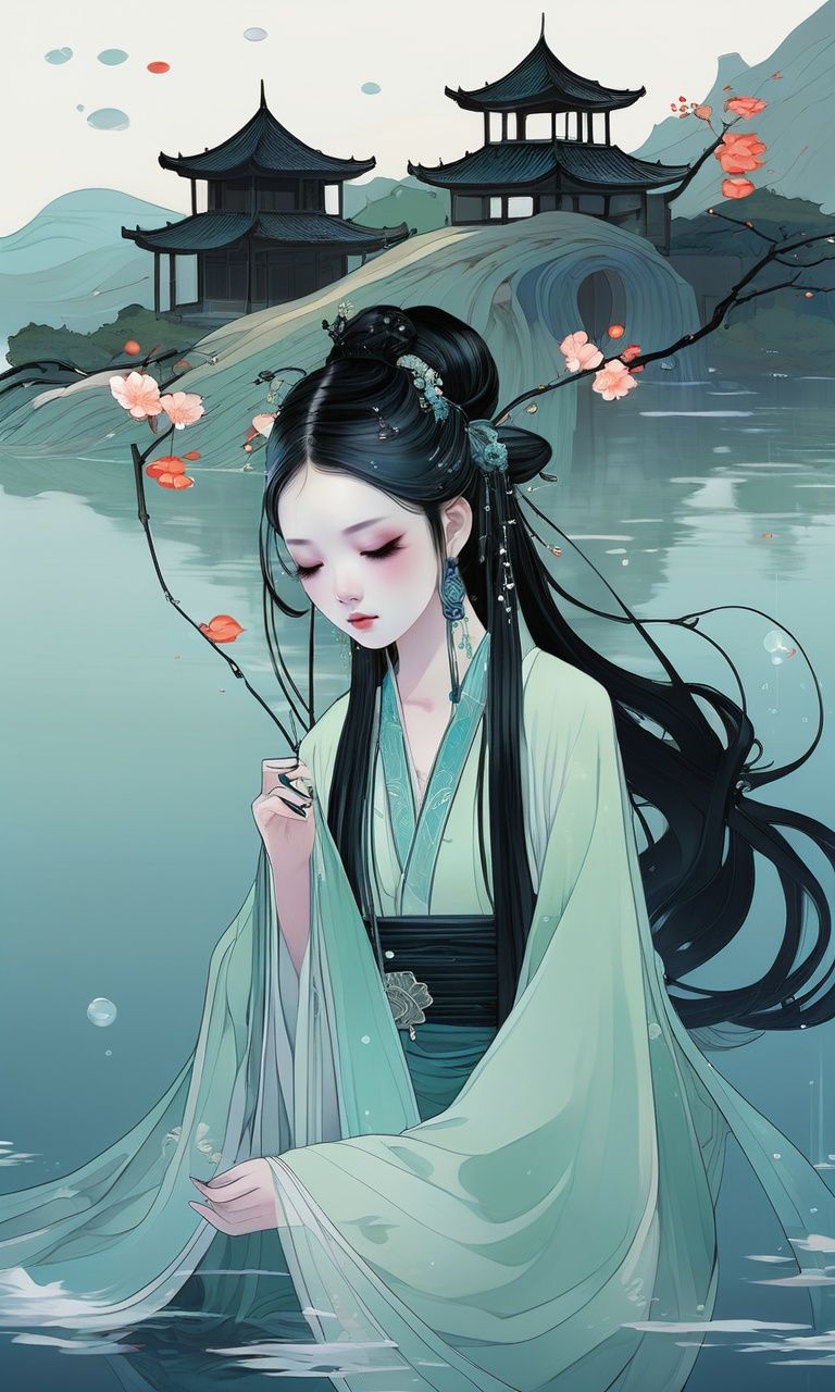 guaidan, 1girl, black hair, solo, closed eyes, hair ornament, hanfu clothes, water,<lora:guaidan:1>,