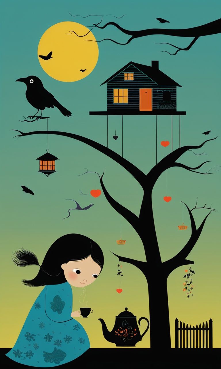 guaidan,1girl,tree, house, crow, dusk, tea, <lora:guaidan:1>,