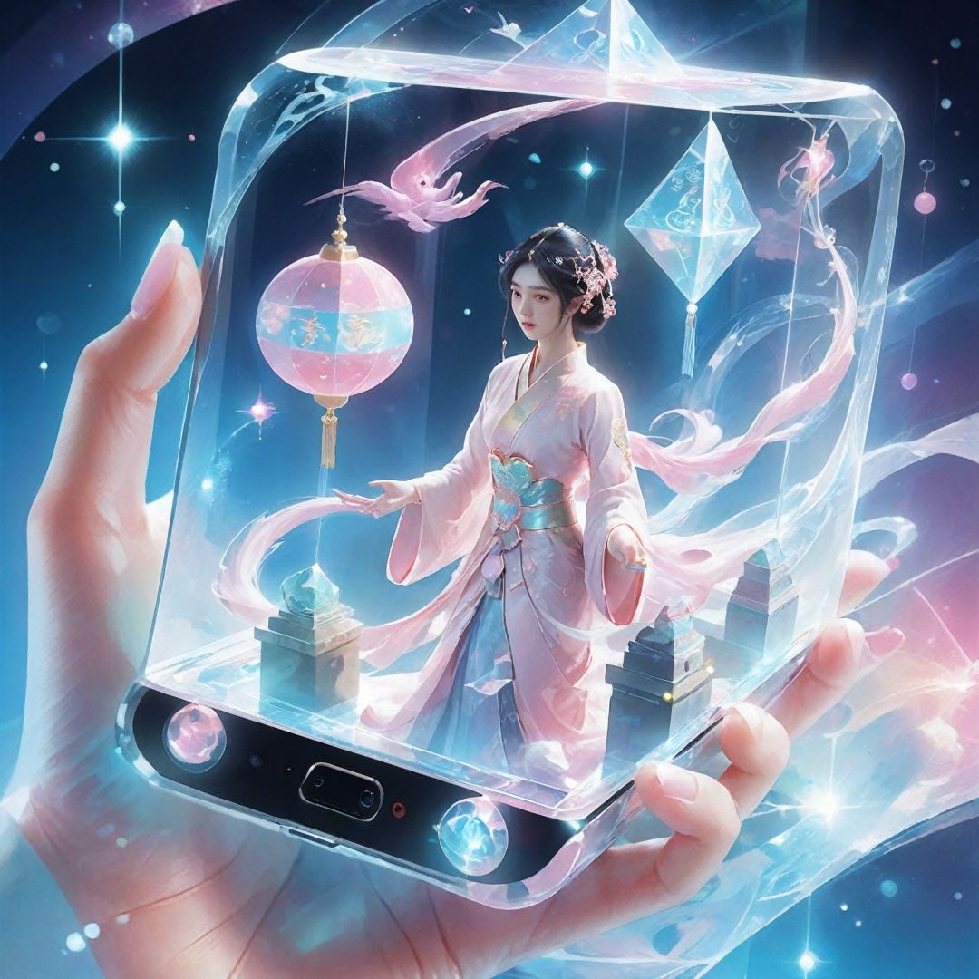 1girl, best quality, eastern mythology, Holographic projection mobile phone from poakl, best quality, cyber world, science fiction world,eastern mythology,candy-coated