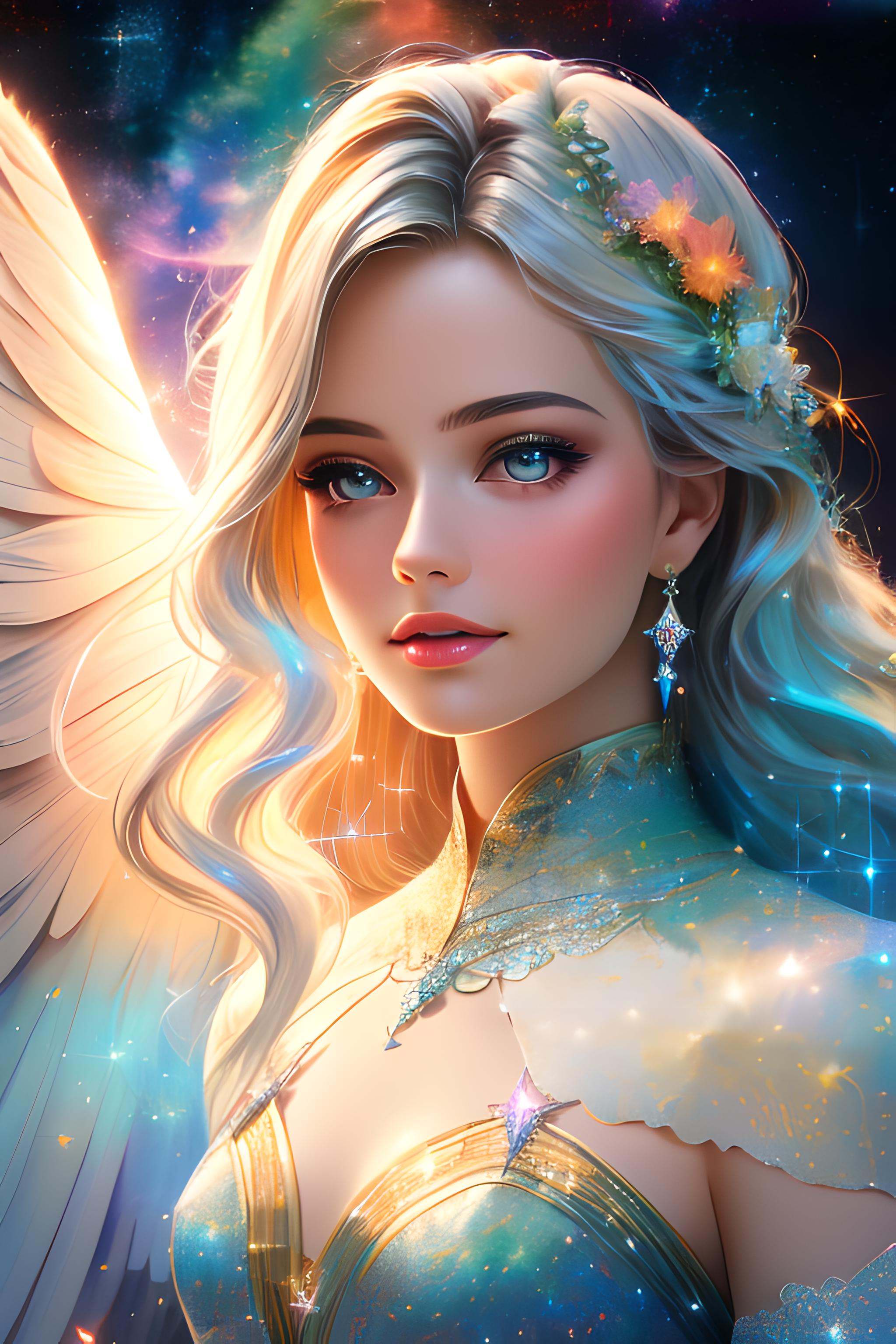 a photorealistic photo of a graceful female angel clothed in glittering,  perfect wings,  symmetrical wings on Tensor.Art