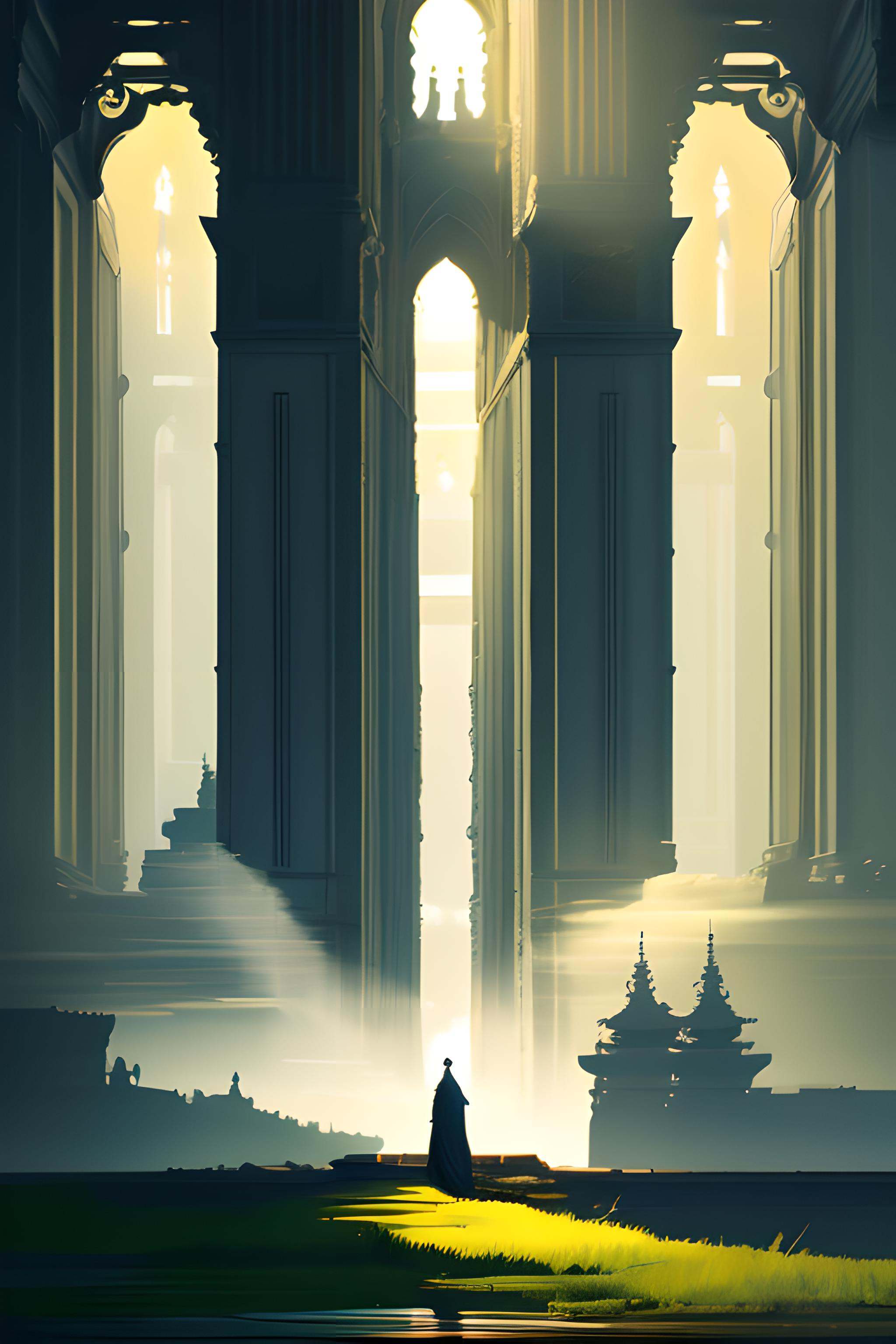 an painting in a style of oriental painting,  in the style of matte painting,  layered and atmospheric landscapes on Tenso...
