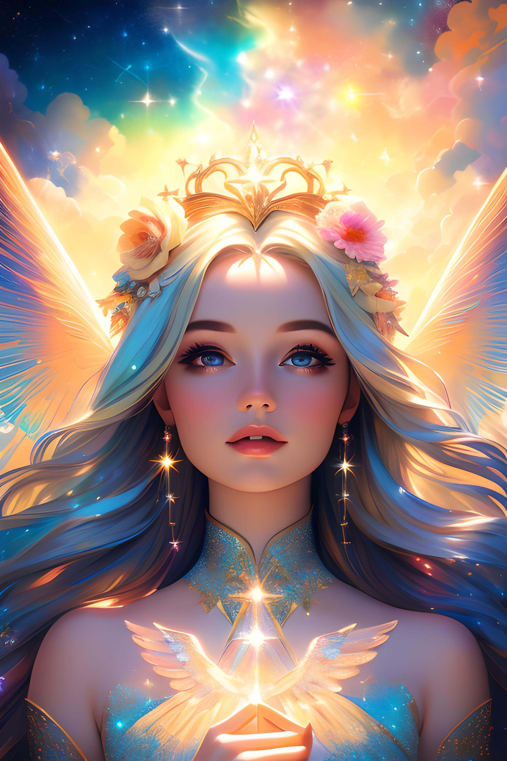 a photorealistic photo of a graceful female angel clothed in glittering,  perfect wings,  symmetrical wings on Tensor.Art