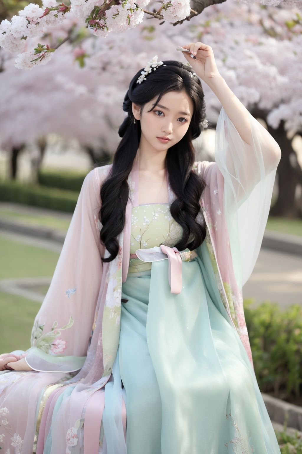 qingsi,chuchun,1girl,black hair,long hair,outdoors,tree,black eyes,skirt,blurry,looking at viewer,smile,photo background,realistic,branch,cherry blossoms,arm up,<lora:春赏-000008:0.5>,hanfu,cho girl,