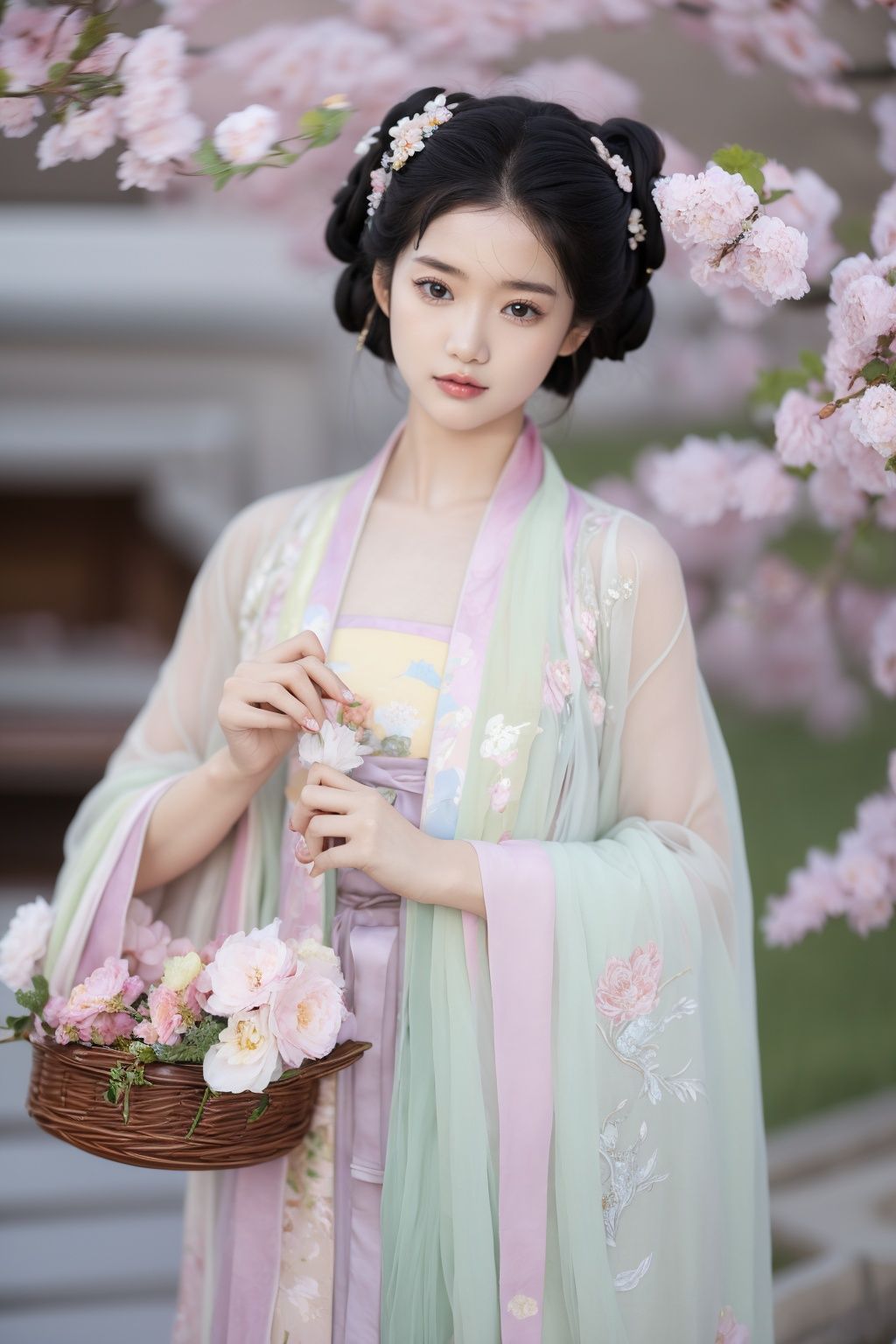 fenmo,fense,1girl,black hair,flower,hair ornament,realistic,holding,hair flower,blurry,holding flower,chinese clothes,looking at viewer,hanfu,black eyes,basket,blurry background,<lora:春赏-000008:0.5>,hanfu,cho girl,