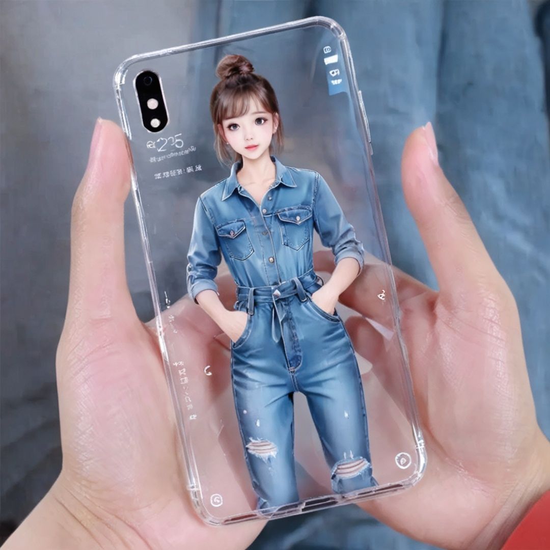 the Transparent smartphones shows a girl , (small_breasts:1),Denim jumpsuit, ,Transparent smartphones