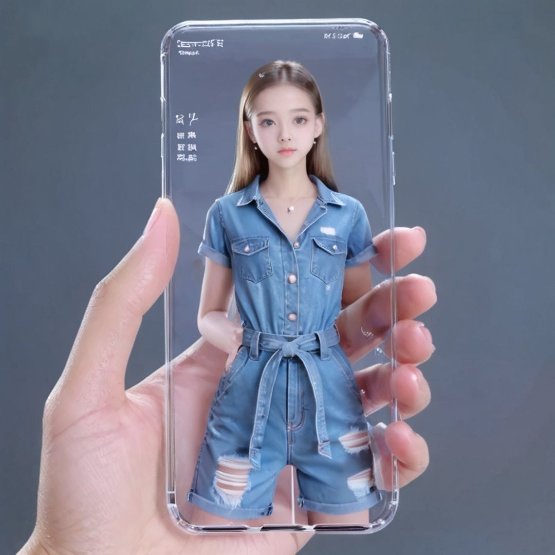 the Transparent smartphones shows a girl , (small_breasts:1),Denim jumpsuit, ,Transparent smartphones