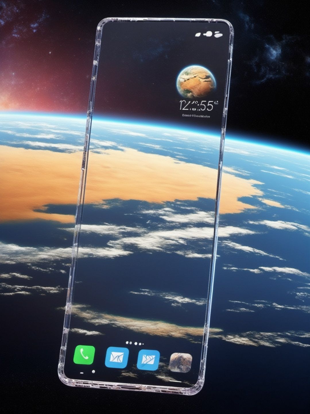 high quality,Transparent smartphones uspended in the space, no humans, The background is earth,