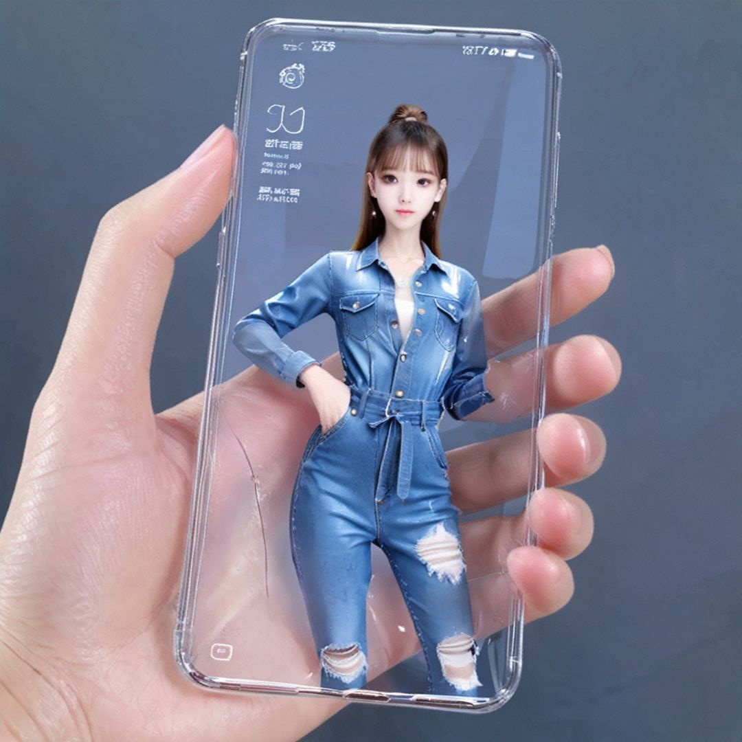 the Transparent smartphones shows a girl , (small_breasts:1),Denim jumpsuit, ,Transparent smartphones