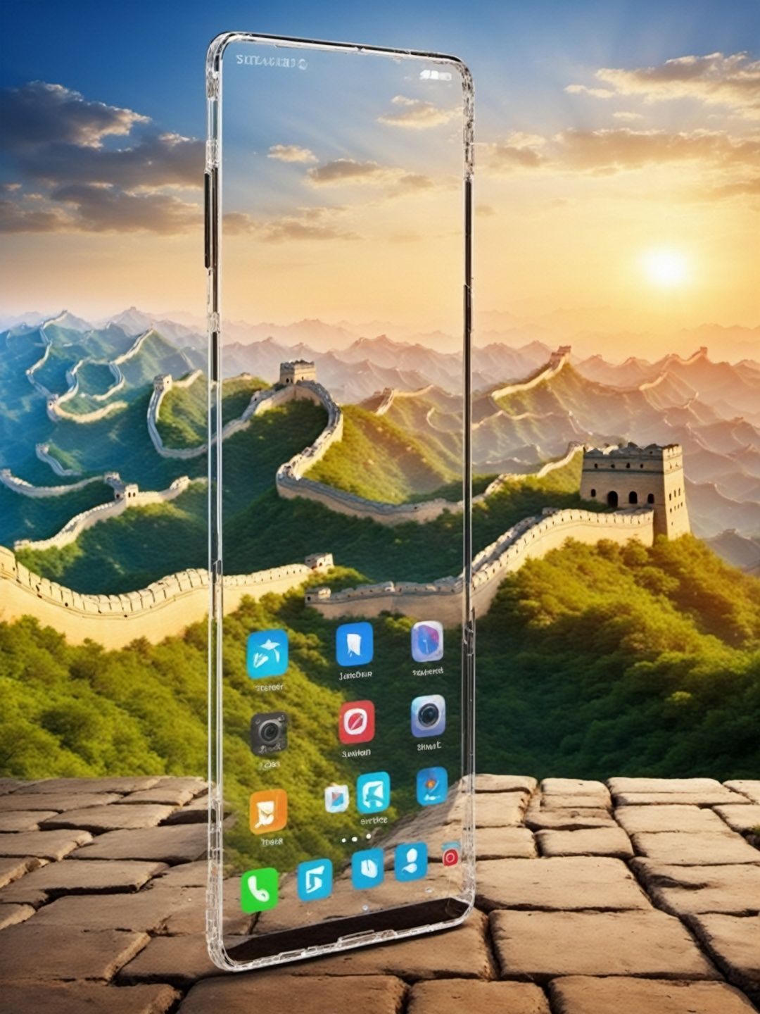high quality,Transparent smartphones uspended in the space,no humans,The background is the great wall,