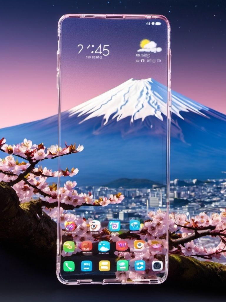 high quality,Transparent smartphones uspended in the space,no humans,The background is Mount Fuji,Cherry blossom,china,playgame,Transparent smartphones