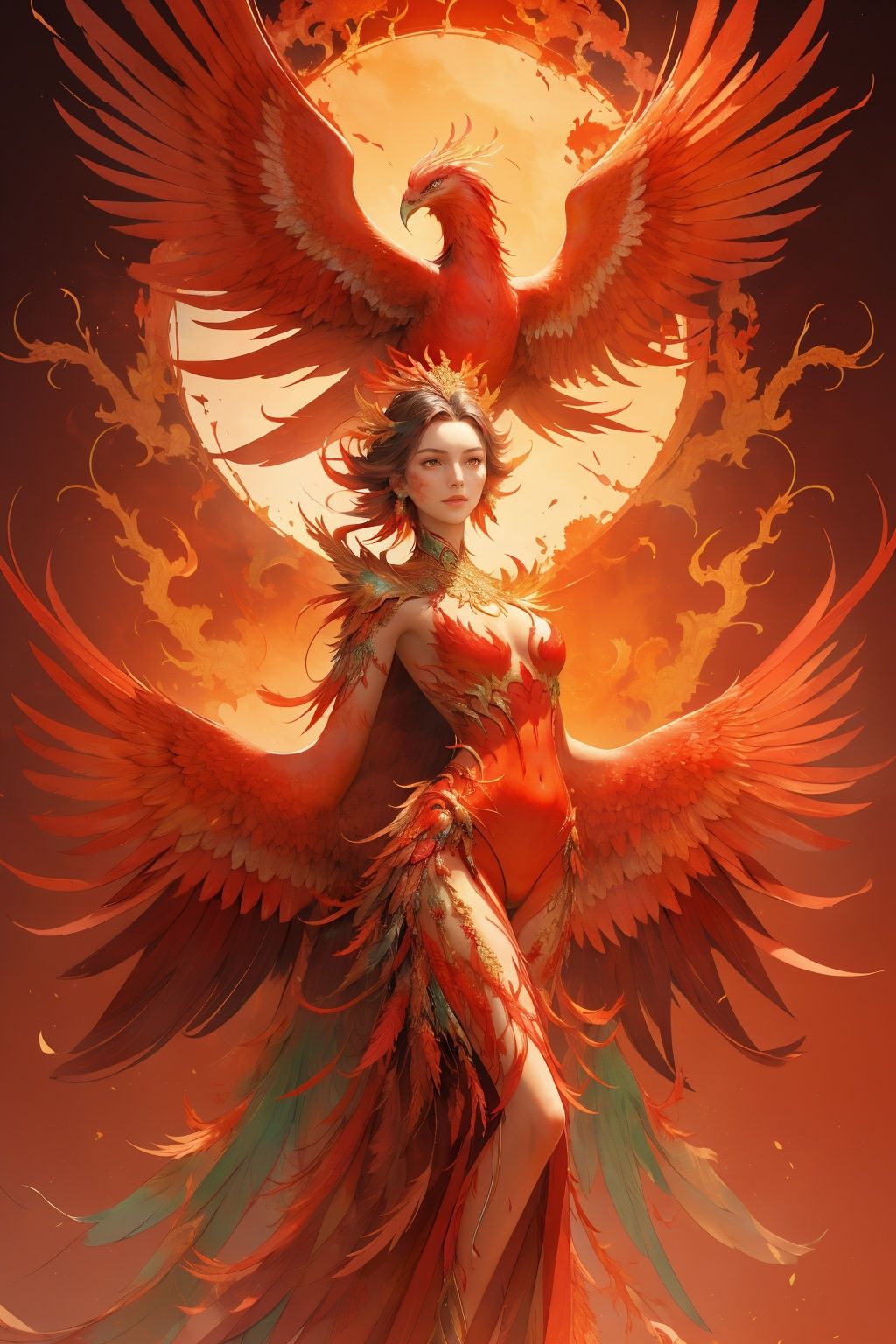A beautiful woman, Phoenix, Reborn from the ashes, Leg, Crimson background, Delicate details, Double exposure,