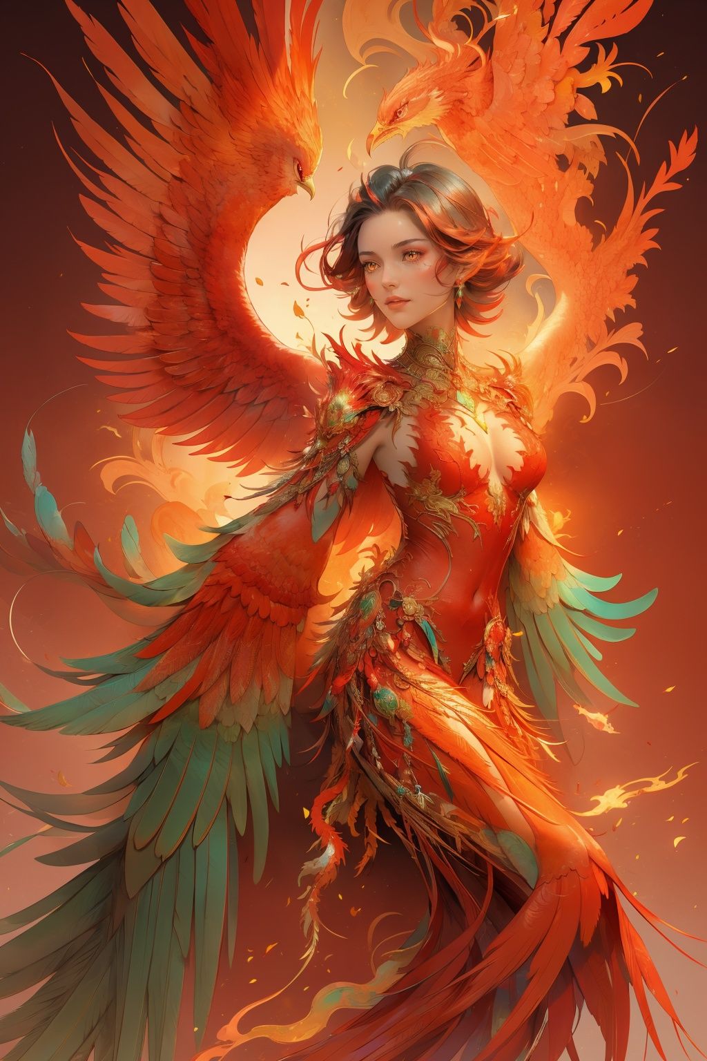 A beautiful woman, Phoenix, Reborn from the ashes, Leg, Crimson background, Delicate details, Double exposure,
