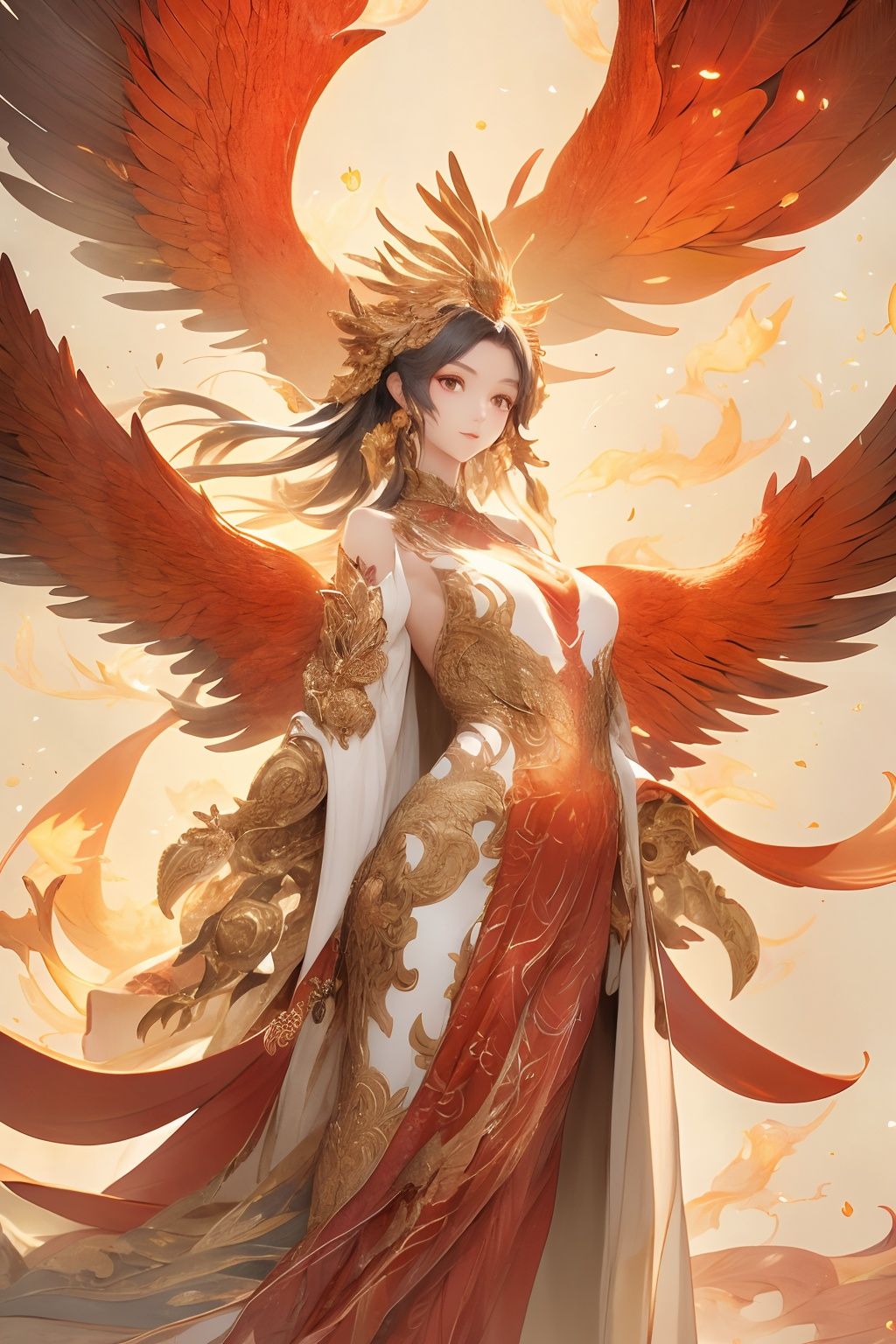 Beautiful woman, Long robe, Phoenix, Reborn from the ashes, Delicate details, Illustration style <lora:Phoenix_girl:0.9>