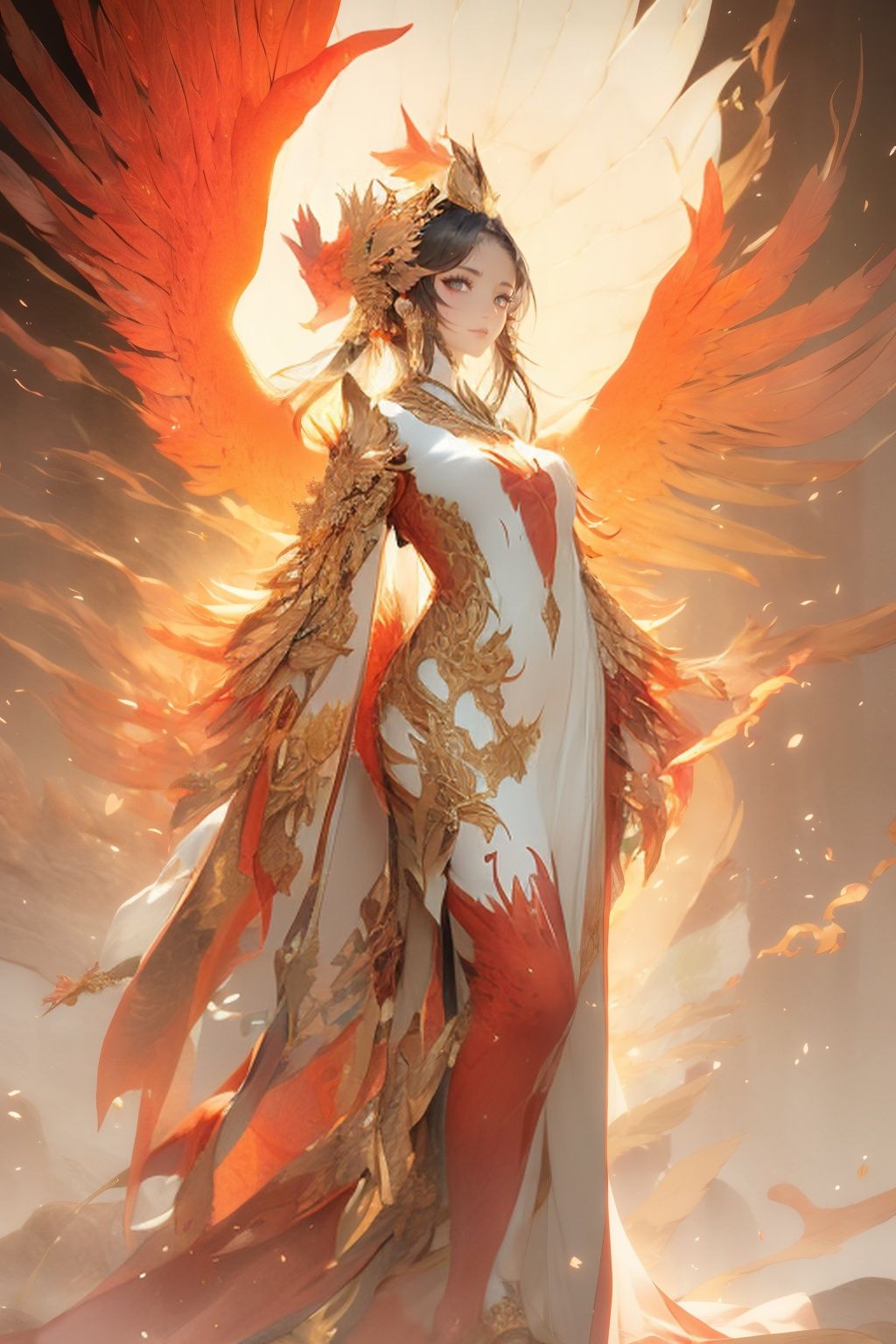 Beautiful woman, Long robe, Phoenix, Reborn from the ashes, Delicate details, Illustration style <lora:Phoenix_girl:0.9>