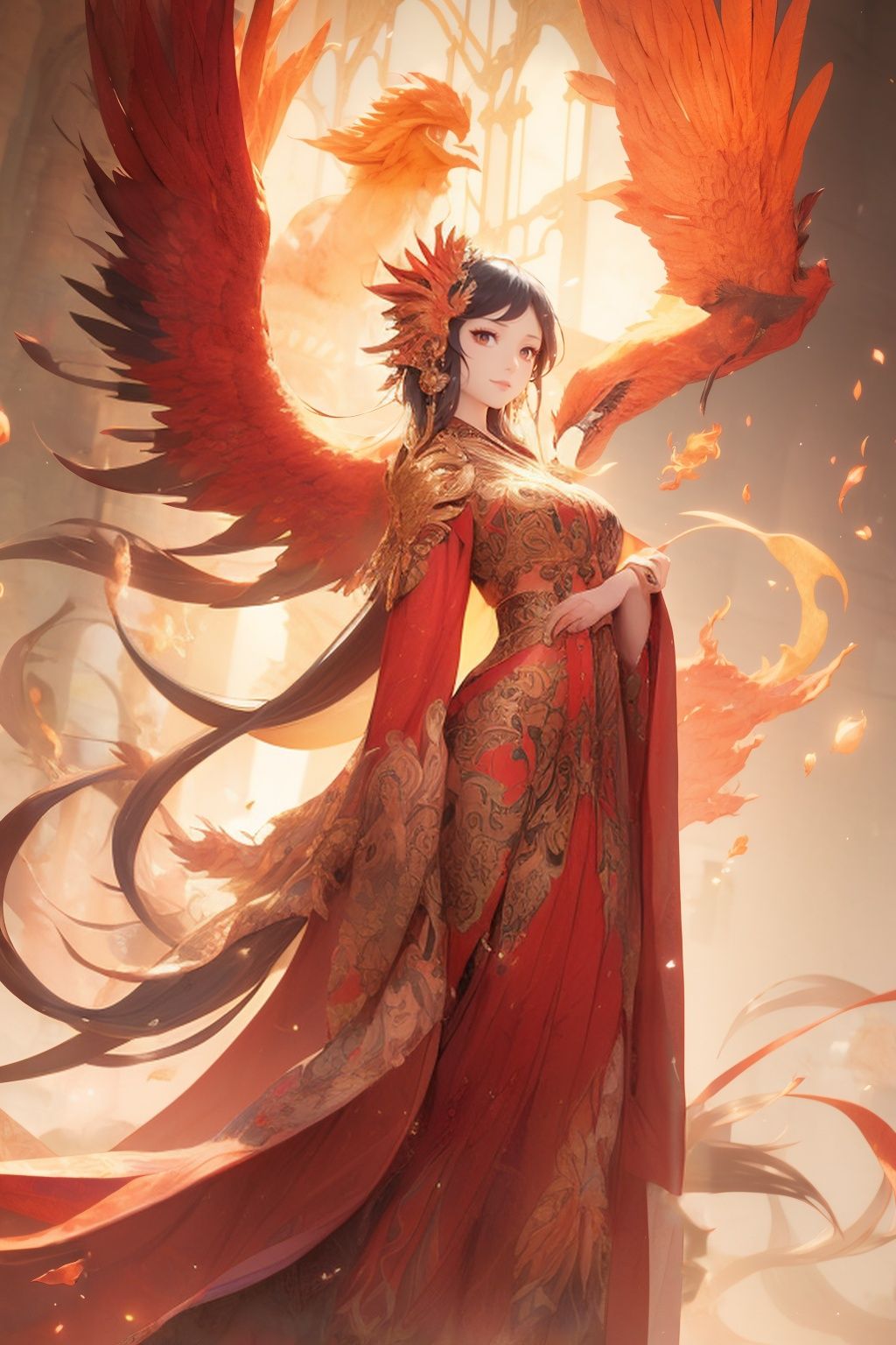 Beautiful woman, Long robe, Phoenix, Reborn from the ashes, Delicate details, Illustration style <lora:Phoenix_girl:0.8>