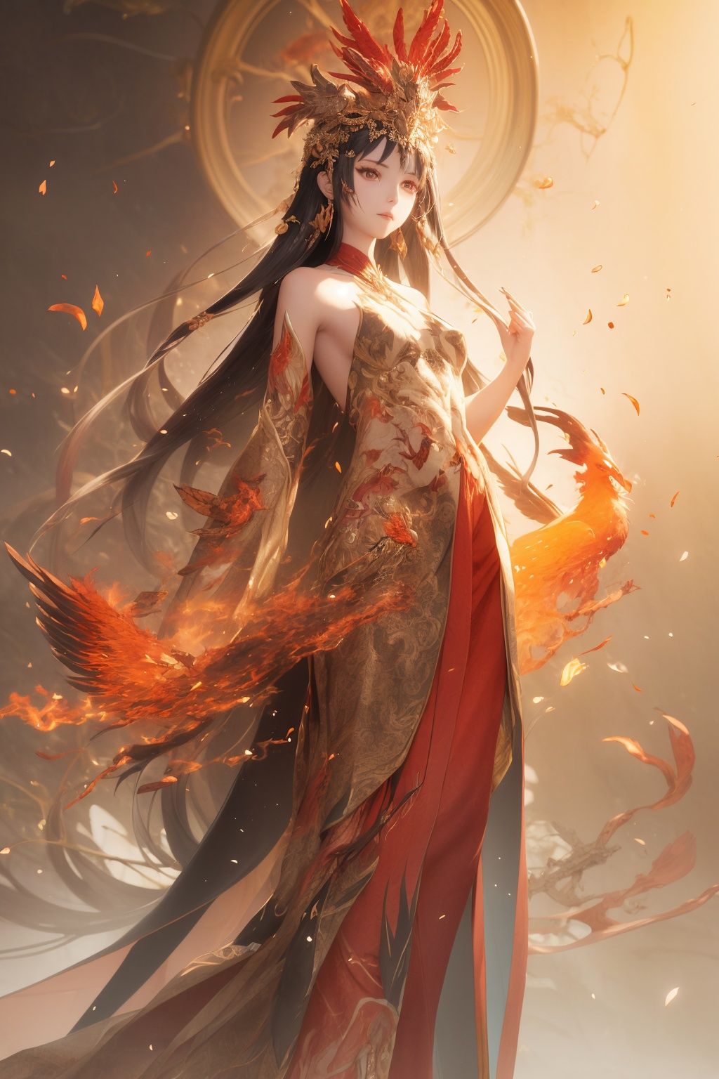 Beautiful woman, Long robe, Phoenix, Reborn from the ashes, Delicate details, Illustration style <lora:Phoenix_girl:0.6>