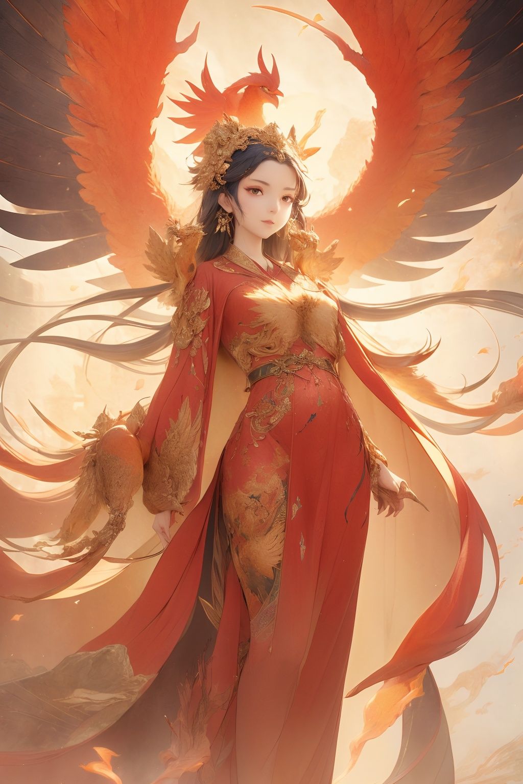 Beautiful woman, Long robe, Phoenix, Reborn from the ashes, Delicate details, Illustration style <lora:Phoenix_girl:0.9>