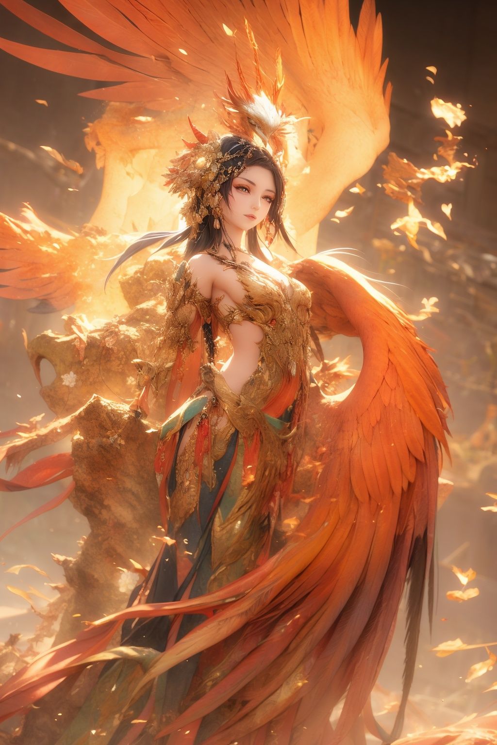 Beautiful woman,Phoenix, Reborn from the ashes, Delicate details, <lora:Phoenix_girl:1>