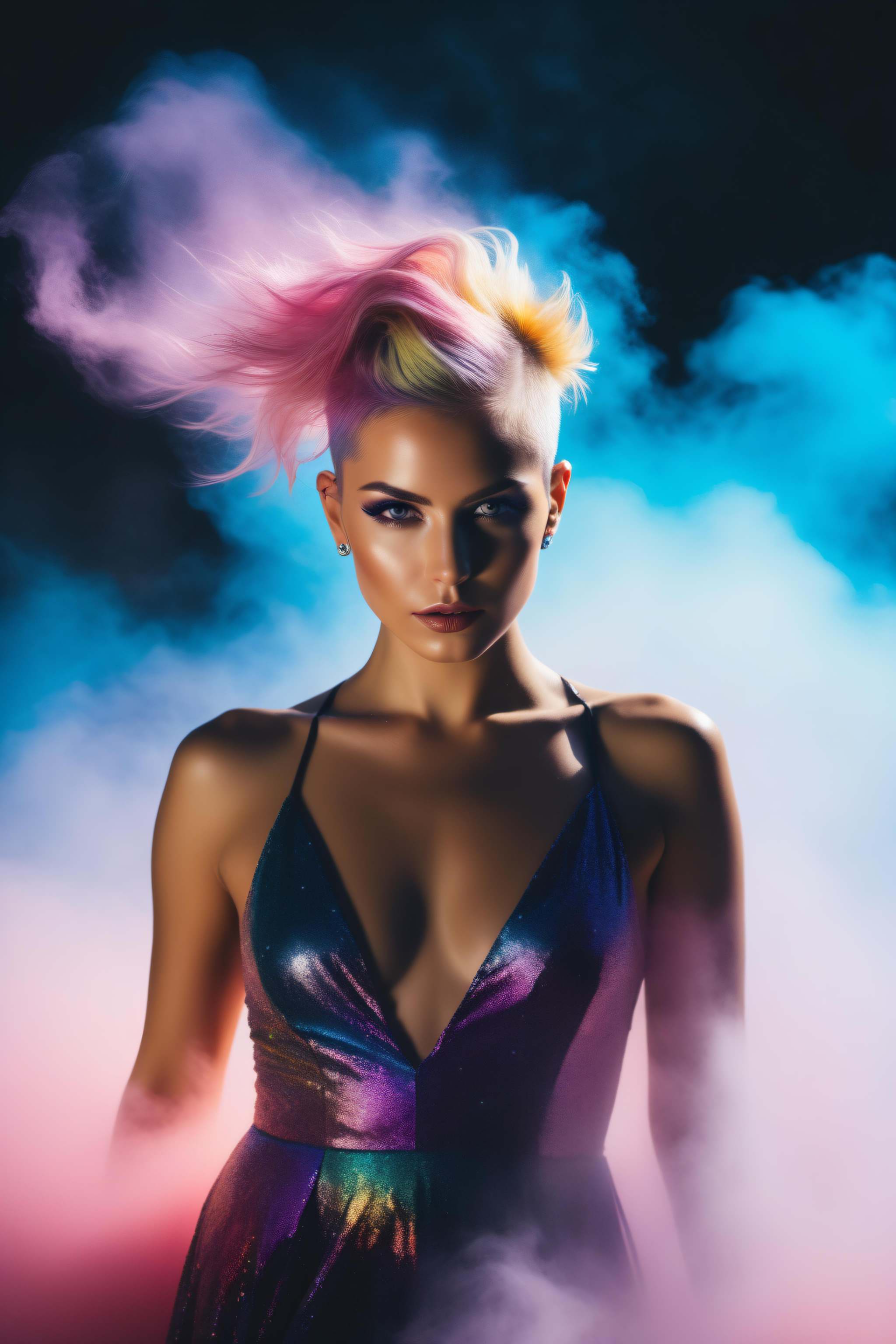 caucasian girl with short blonde undercut hair with pink strains dissolving into colorful fog,  dancing sensually,  fantas...