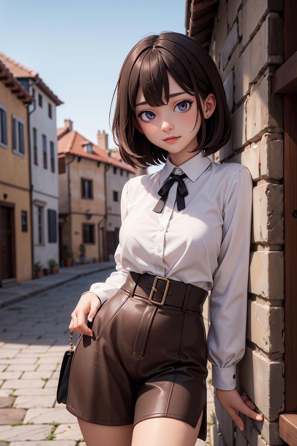 (masterpiece), best quality, high resolution, highly detailed, detailed background, perfect lighting, 1girl, bangs, ruby eyes, medium breasts, blouse, medieval village,